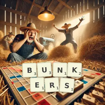 Creative illustration for a Scrabble game with the word BUNKERS spelled out in tiles on the board.
