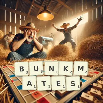 Creative illustration for a Scrabble game with the word BUNKMATES spelled out in tiles on the board.