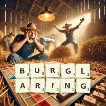 Creative illustration for a Scrabble game with the word BURGLARING spelled out in tiles on the board.