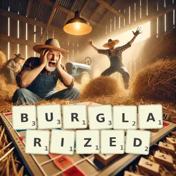 Creative illustration for a Scrabble game with the word BURGLARIZED spelled out in tiles on the board.