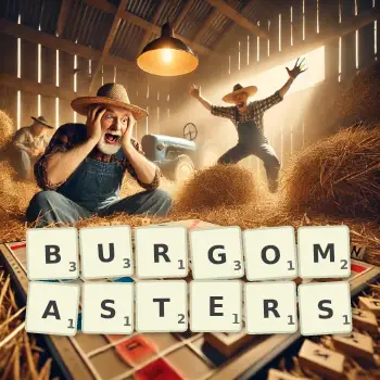 Creative illustration for a Scrabble game with the word BURGOMASTERS spelled out in tiles on the board.