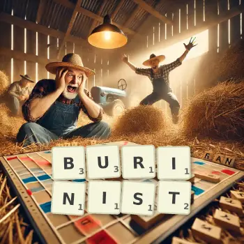Creative illustration for a Scrabble game with the word BURINIST spelled out in tiles on the board.