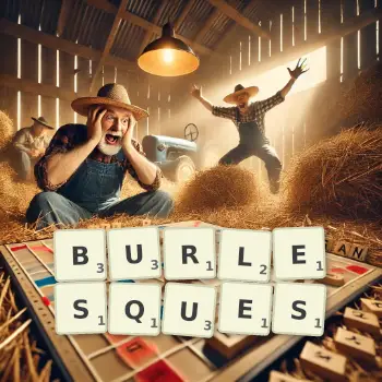 Creative illustration for a Scrabble game with the word BURLESQUES spelled out in tiles on the board.