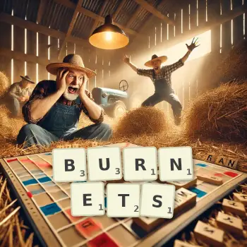 Creative illustration for a Scrabble game with the word BURNETS spelled out in tiles on the board.