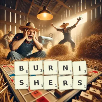 Creative illustration for a Scrabble game with the word BURNISHERS spelled out in tiles on the board.