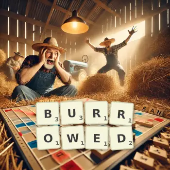 Creative illustration for a Scrabble game with the word BURROWED spelled out in tiles on the board.