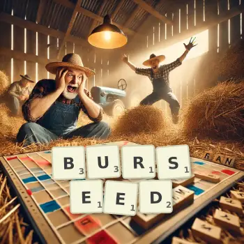 Creative illustration for a Scrabble game with the word BURSEED spelled out in tiles on the board.