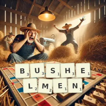 Creative illustration for a Scrabble game with the word BUSHELMEN spelled out in tiles on the board.