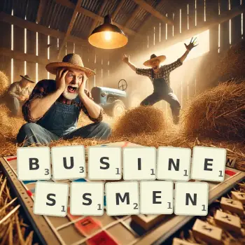Creative illustration for a Scrabble game with the word BUSINESSMEN spelled out in tiles on the board.
