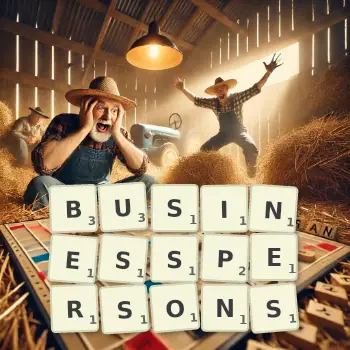 Creative illustration for a Scrabble game with the word BUSINESSPERSONS spelled out in tiles on the board.