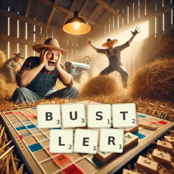 Creative illustration for a Scrabble game with the word BUSTLER spelled out in tiles on the board.