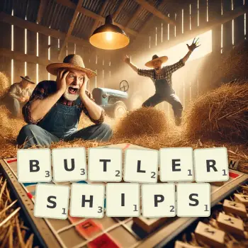 Creative illustration for a Scrabble game with the word BUTLERSHIPS spelled out in tiles on the board.