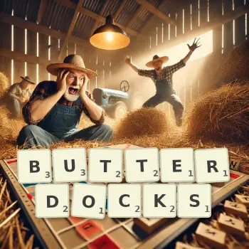 Creative illustration for a Scrabble game with the word BUTTERDOCKS spelled out in tiles on the board.