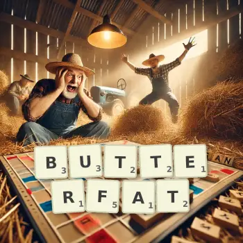 Creative illustration for a Scrabble game with the word BUTTERFAT spelled out in tiles on the board.