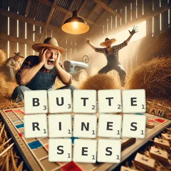 Creative illustration for a Scrabble game with the word BUTTERINESSES spelled out in tiles on the board.