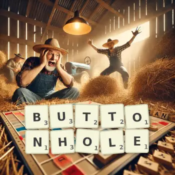 Creative illustration for a Scrabble game with the word BUTTONHOLE spelled out in tiles on the board.