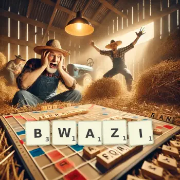 Creative illustration for a Scrabble game with the word BWAZI spelled out in tiles on the board.