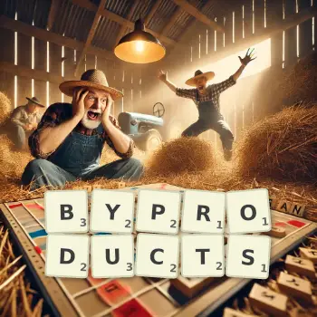 Creative illustration for a Scrabble game with the word BYPRODUCTS spelled out in tiles on the board.
