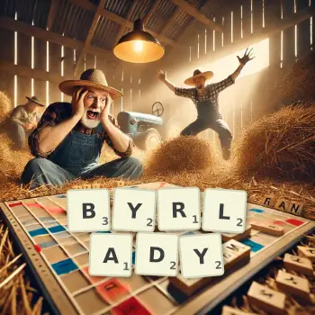 Creative illustration for a Scrabble game with the word BYRLADY spelled out in tiles on the board.