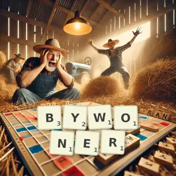 Creative illustration for a Scrabble game with the word BYWONER spelled out in tiles on the board.