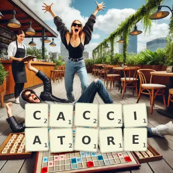 Creative illustration for a Scrabble game with the word CACCIATORE spelled out in tiles on the board.