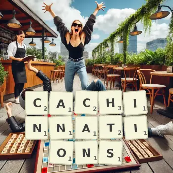 Creative illustration for a Scrabble game with the word CACHINNATIONS spelled out in tiles on the board.