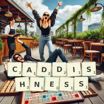 Creative illustration for a Scrabble game with the word CADDISHNESS spelled out in tiles on the board.