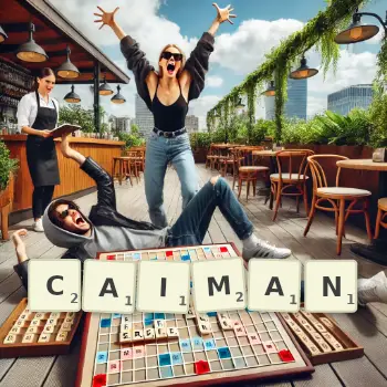 Creative illustration for a Scrabble game with the word CAIMAN spelled out in tiles on the board.