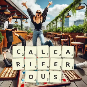Creative illustration for a Scrabble game with the word CALCARIFEROUS spelled out in tiles on the board.