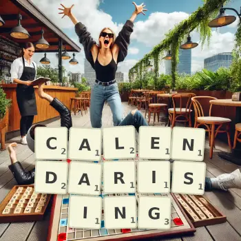 Creative illustration for a Scrabble game with the word CALENDARISING spelled out in tiles on the board.
