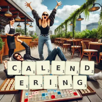 Creative illustration for a Scrabble game with the word CALENDERING spelled out in tiles on the board.