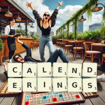 Creative illustration for a Scrabble game with the word CALENDERINGS spelled out in tiles on the board.