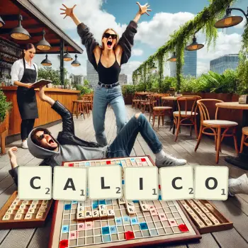 Creative illustration for a Scrabble game with the word CALICO spelled out in tiles on the board.