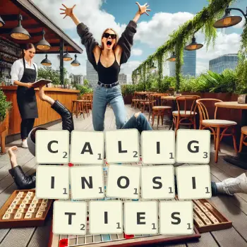 Creative illustration for a Scrabble game with the word CALIGINOSITIES spelled out in tiles on the board.