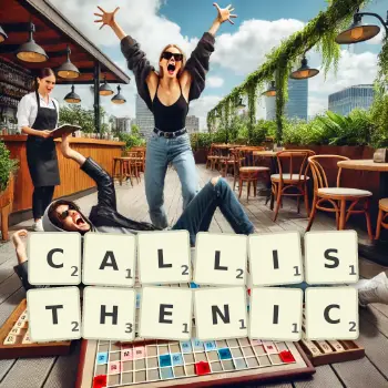 Creative illustration for a Scrabble game with the word CALLISTHENIC spelled out in tiles on the board.