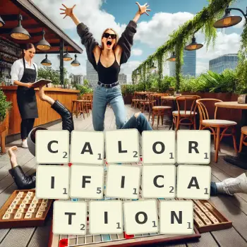 Creative illustration for a Scrabble game with the word CALORIFICATION spelled out in tiles on the board.