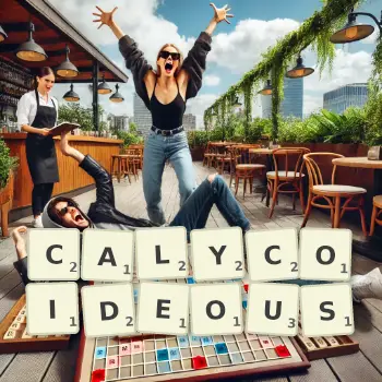 Creative illustration for a Scrabble game with the word CALYCOIDEOUS spelled out in tiles on the board.