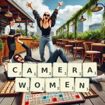 Creative illustration for a Scrabble game with the word CAMERAWOMEN spelled out in tiles on the board.