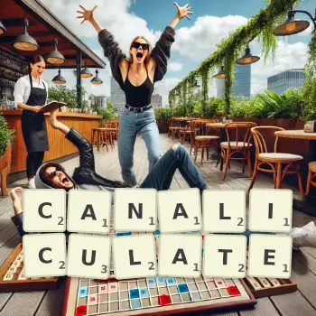 Creative illustration for a Scrabble game with the word CANALICULATE spelled out in tiles on the board.