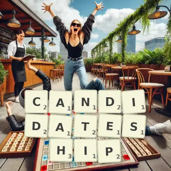 Creative illustration for a Scrabble game with the word CANDIDATESHIP spelled out in tiles on the board.