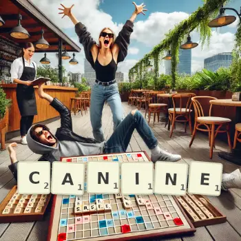 Creative illustration for a Scrabble game with the word CANINE spelled out in tiles on the board.