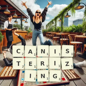 Creative illustration for a Scrabble game with the word CANISTERIZING spelled out in tiles on the board.