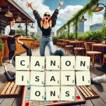 Creative illustration for a Scrabble game with the word CANONISATIONS spelled out in tiles on the board.
