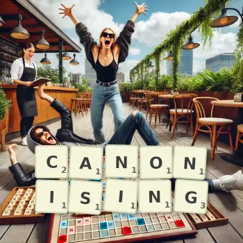 Creative illustration for a Scrabble game with the word CANONISING spelled out in tiles on the board.