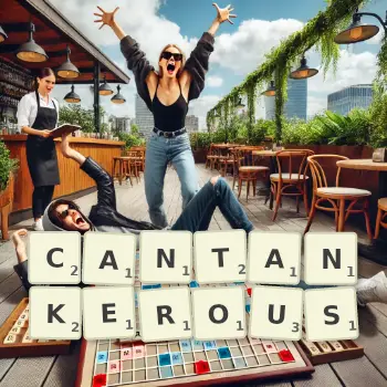 Creative illustration for a Scrabble game with the word CANTANKEROUS spelled out in tiles on the board.