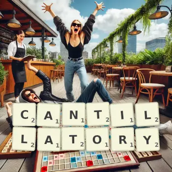 Creative illustration for a Scrabble game with the word CANTILLATORY spelled out in tiles on the board.