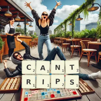 Creative illustration for a Scrabble game with the word CANTRIPS spelled out in tiles on the board.