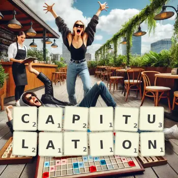 Creative illustration for a Scrabble game with the word CAPITULATION spelled out in tiles on the board.