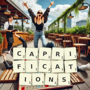 Creative illustration for a Scrabble game with the word CAPRIFICATIONS spelled out in tiles on the board.