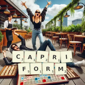 Creative illustration for a Scrabble game with the word CAPRIFORM spelled out in tiles on the board.